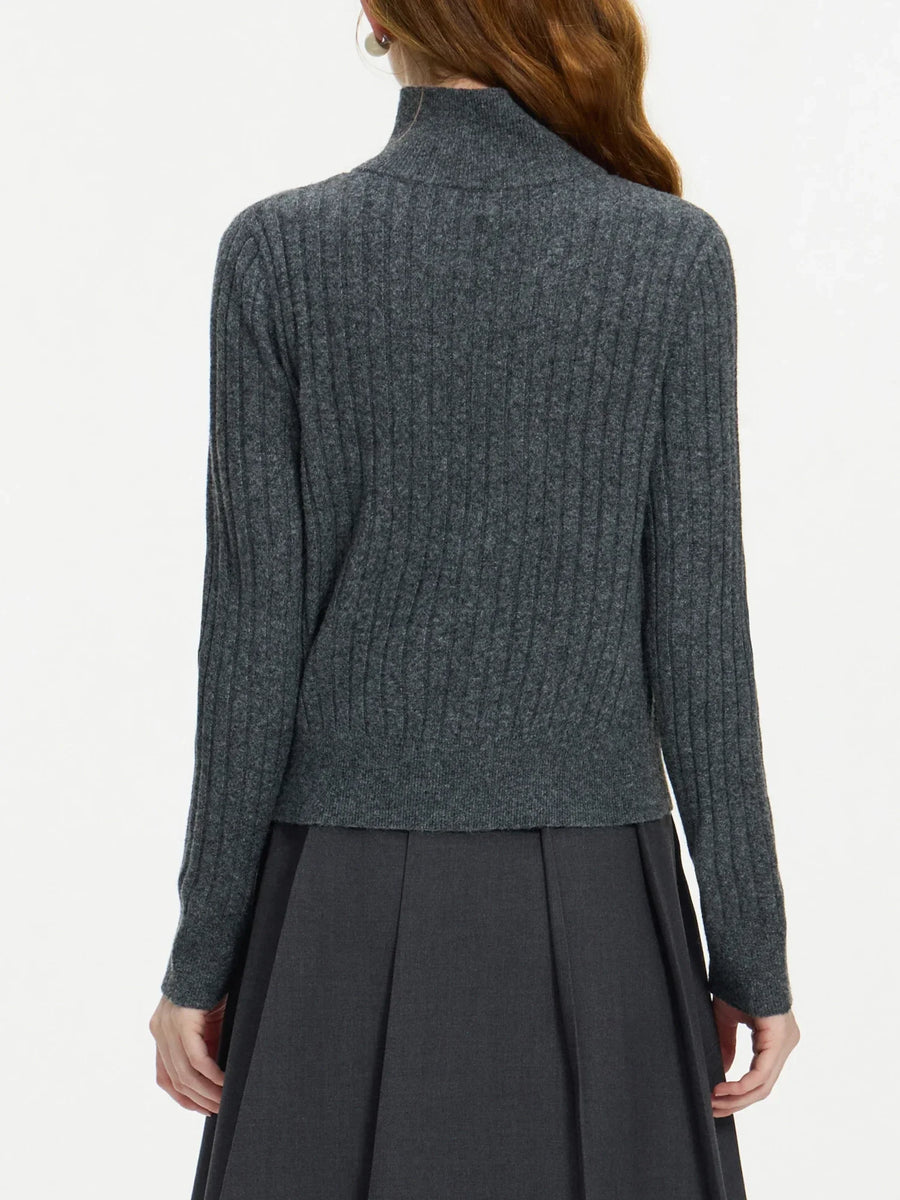 Gerippter Damen Strickpullover Grau mit Polokragen
