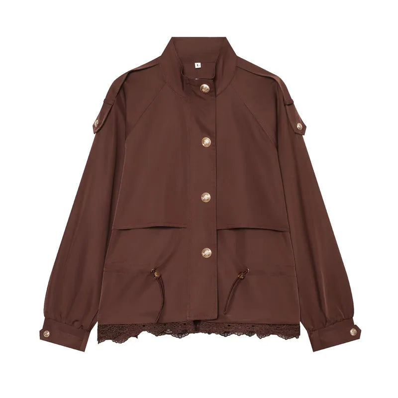 Damen Jacke Stehkragen Spitze Saum Kurz Bolero Optik