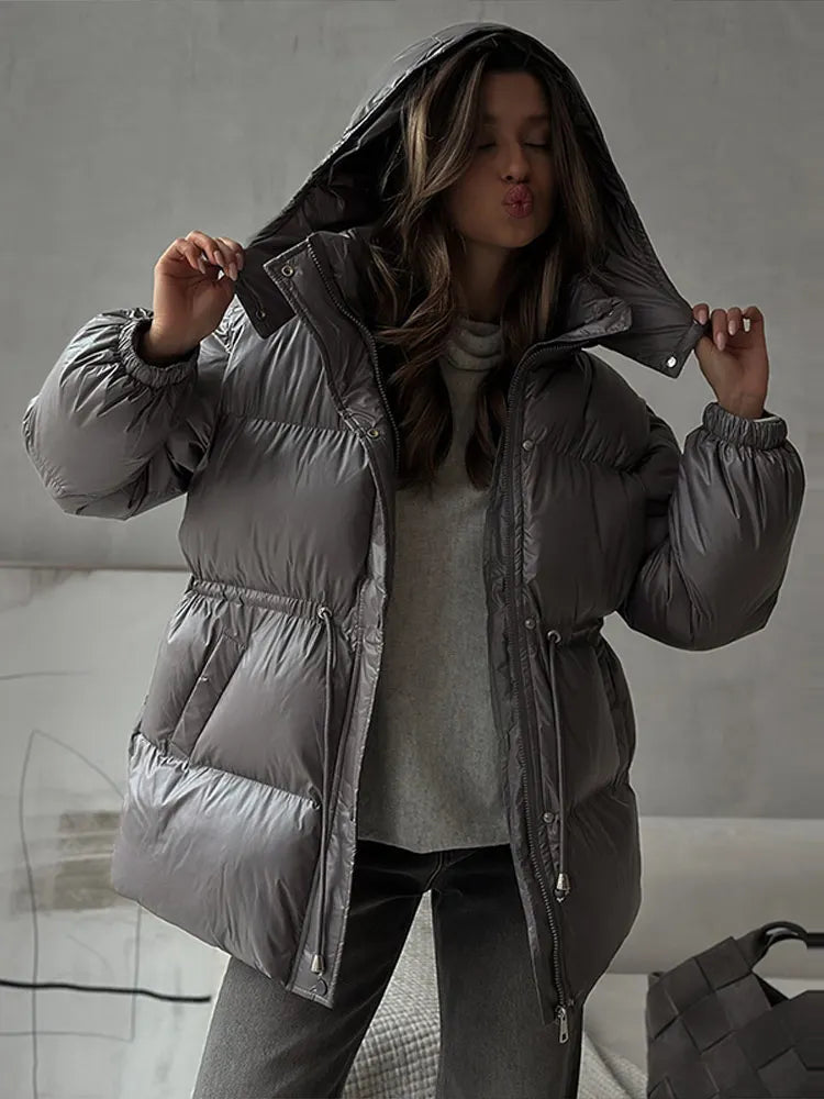 Damen Steppjacke mit Kapuze und Kordelzug, glänzend, warm