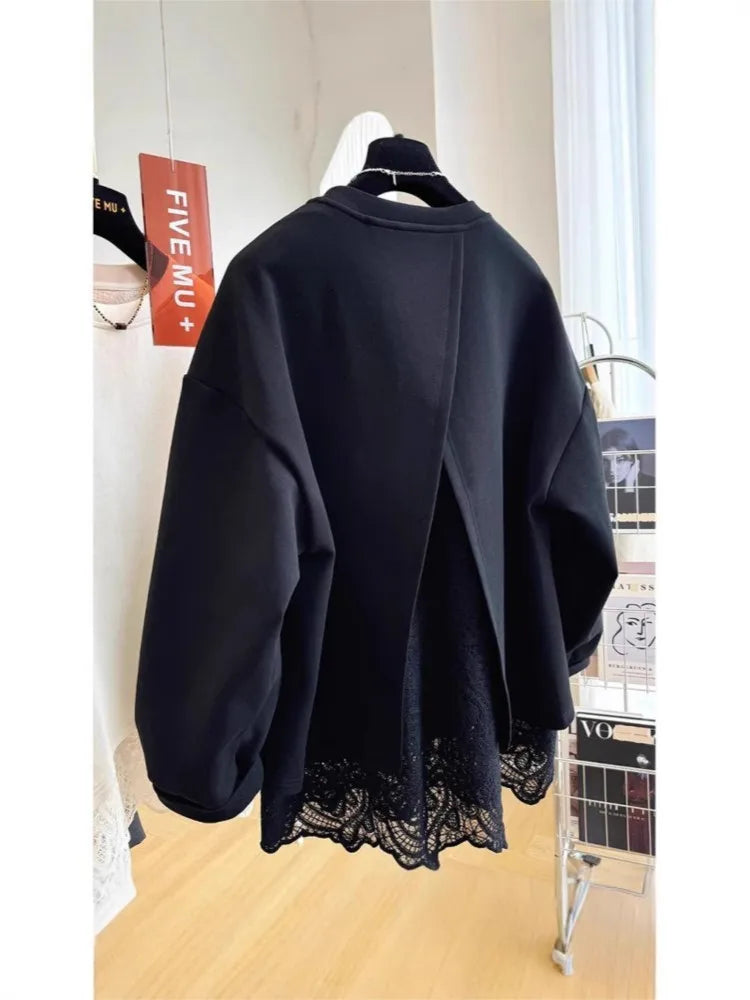 Damen Sweatshirt mit Spitze am Rücken Offen Beige