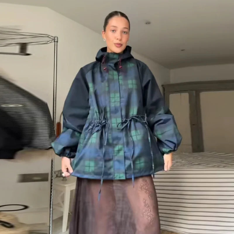 Damen Karo Jacke mit Kapuze und Kordelzug Grün Blau