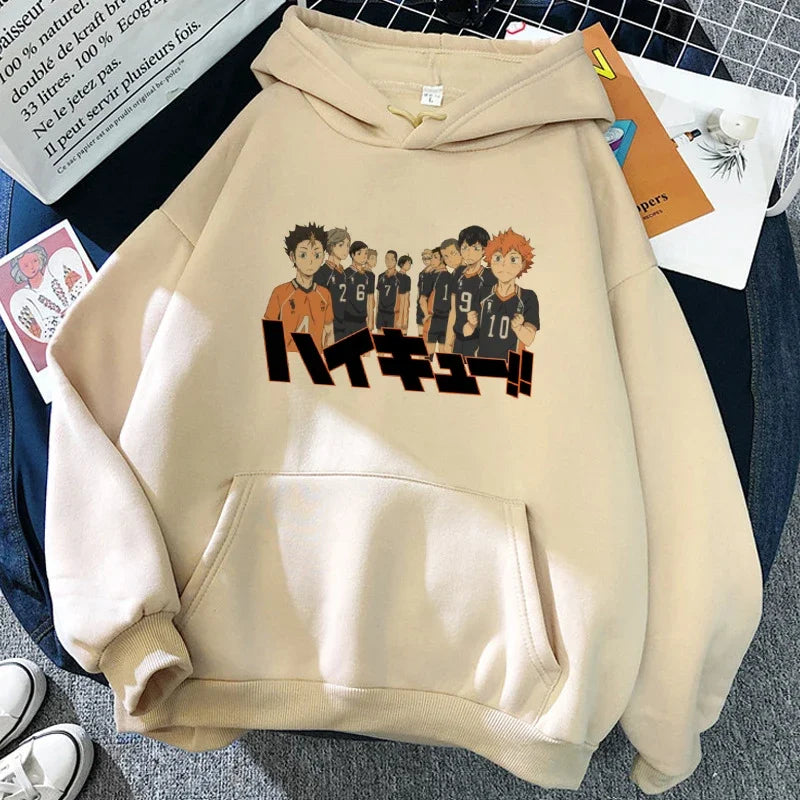 Hoodie met capuchon en anime-motief van de Karasuno Volleyball Club, beige