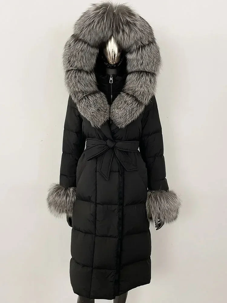 Damen Daunenmantel Lang mit Kapuze und Pelzbesatz Gürtel Steppjacke Warm