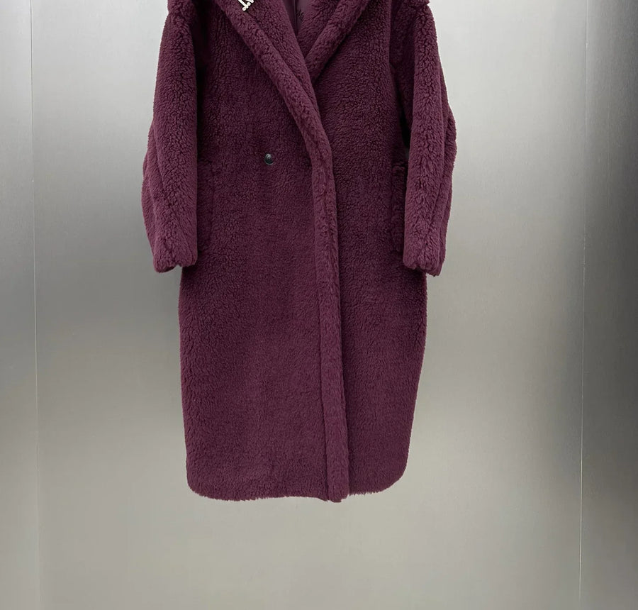 Damen Teddyfell Mantel mit Kapuze und Handschuhen, mittellang, Winter