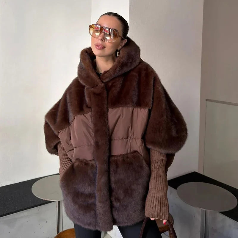 Damen Oversized Hybrid Jacke mit Kapuze, Teddyfell & Stepp-Optik