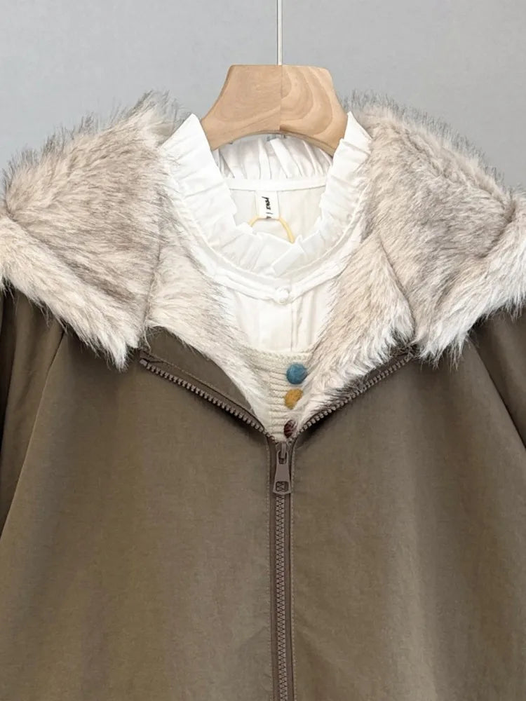 Damen Jacke mit Kunstfellkapuze Bomberstil Reißverschluss