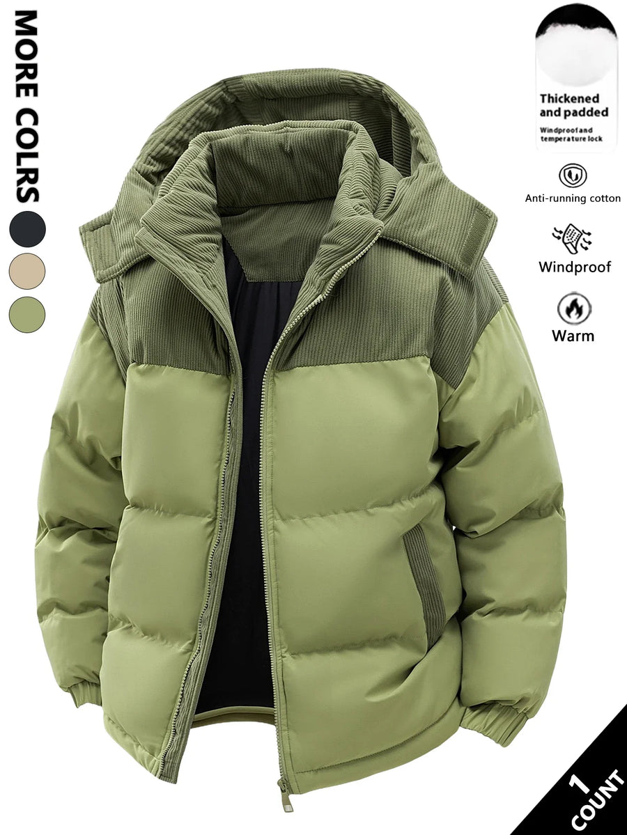 Winter Steppjacke mit Kapuze und Cord-Details für Herren, warm und winddicht