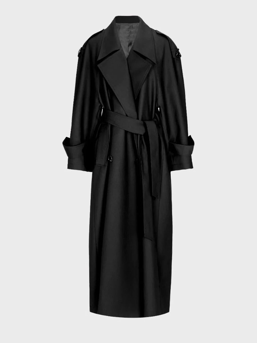 Damen Trenchcoat Lang Gürtel Zweireihig Dunkelviolett