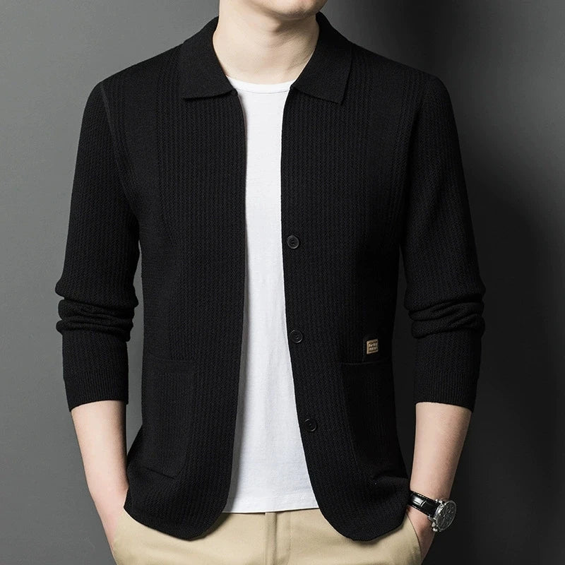 Herenvest met kraag en knoopsluiting, gebreide blazer, jasje met lange mouwen, gebreide pullover
