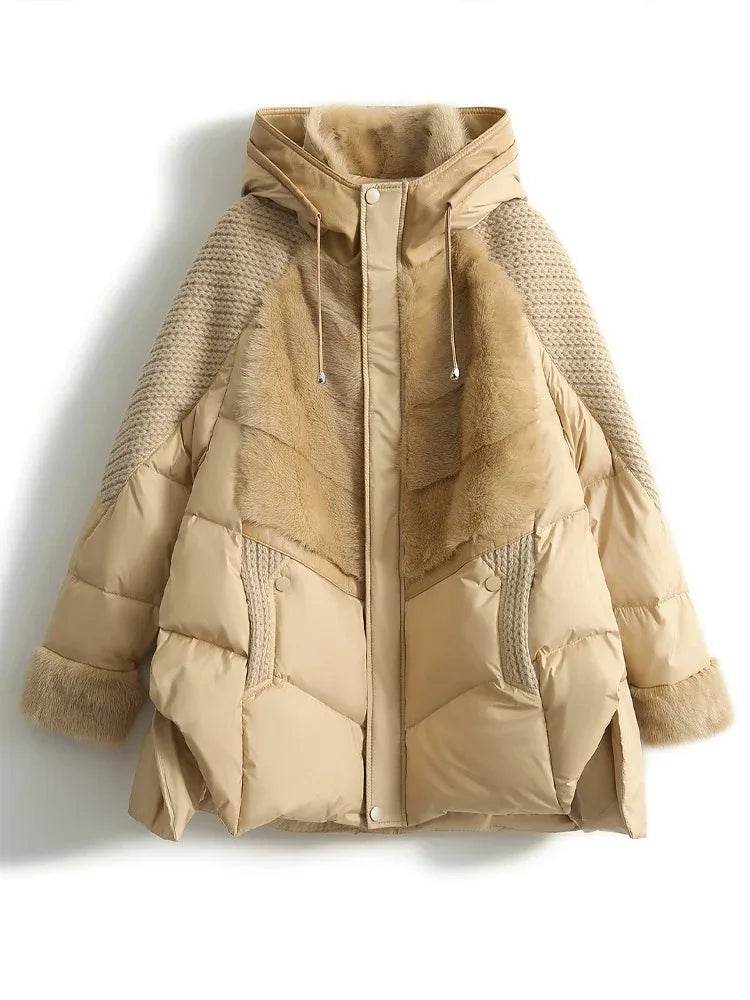 Damen Steppjacke mit Kapuze, Pelzbesatz und Strickärmeln