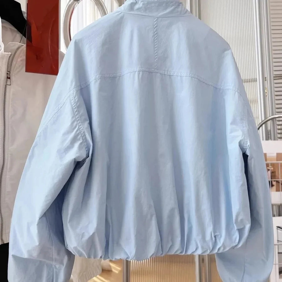 Leichte Damen Bomberjacke mit Reißverschluss und Stehkragen - Blau oder Weiß