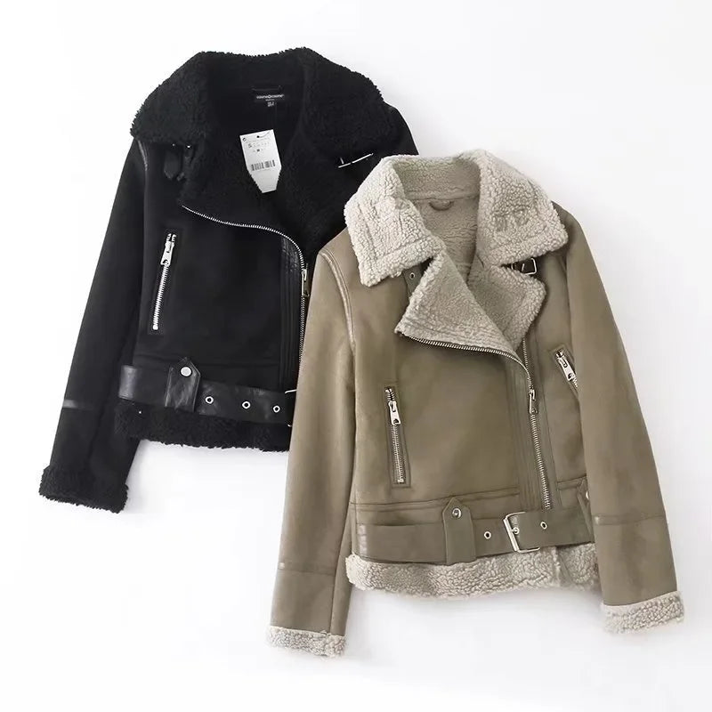 Bikerjacke gefüttert Damen mit Reverskragen und Reißverschlüssen