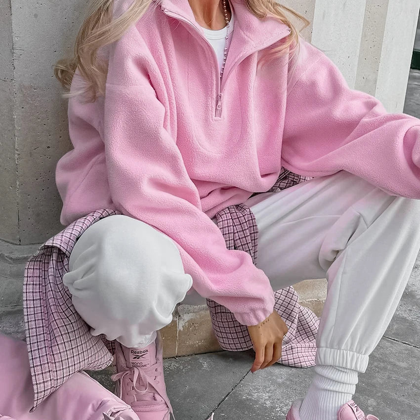 Roze fleece trui voor dames met opstaande kraag en ritssluiting