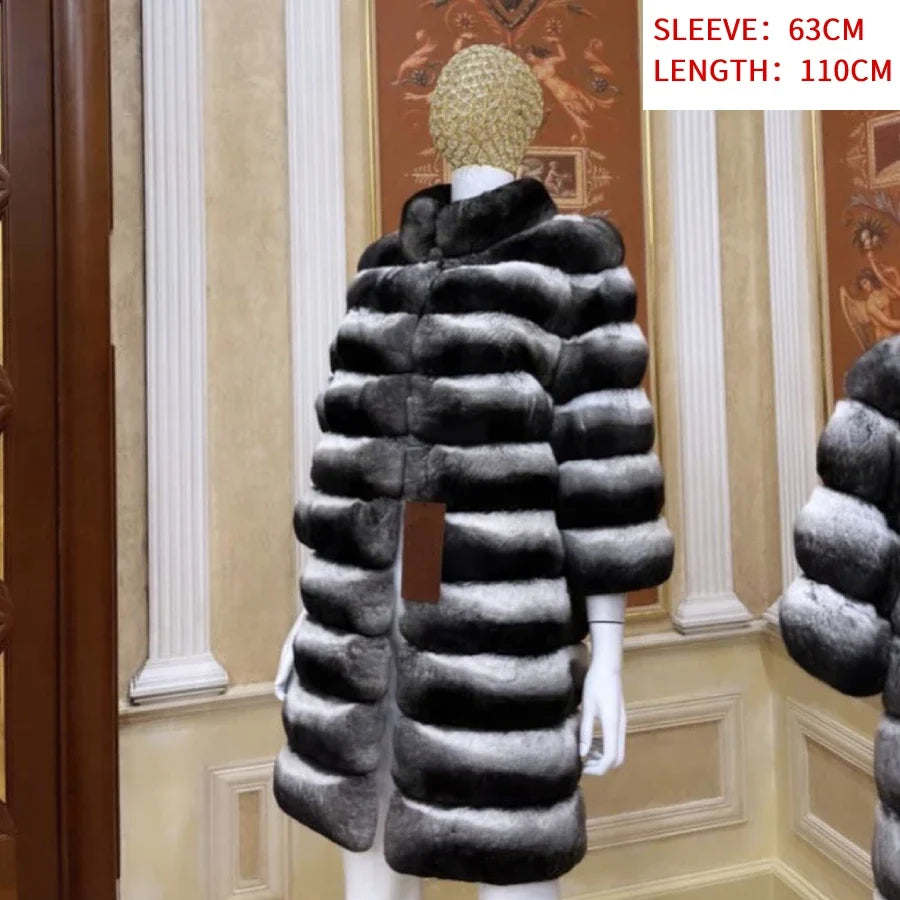 Damen Faux-Pelzmantel lang gestreift Grau Schwarz Weiß Winter Warm