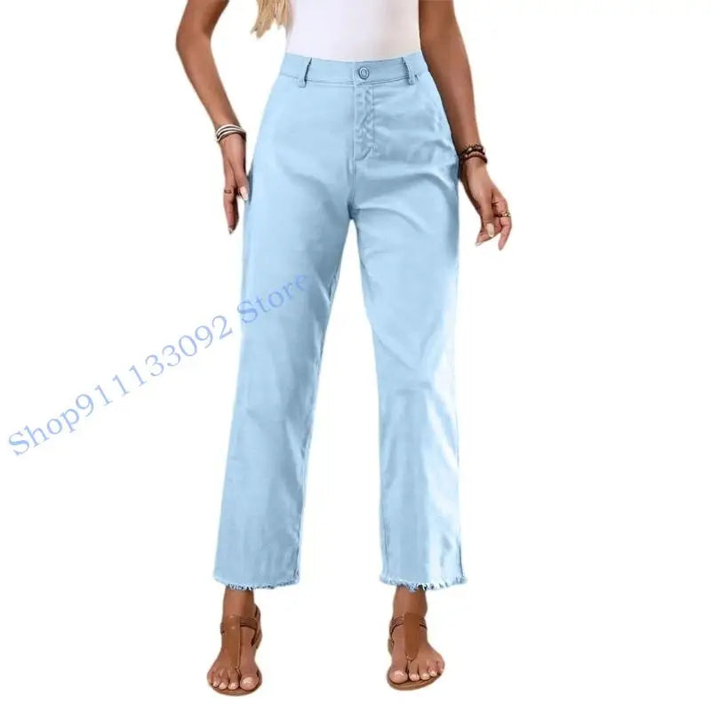 Damen Stoffhose mit geradem Bein, Hoher Bund & Fransen Saum – Beige