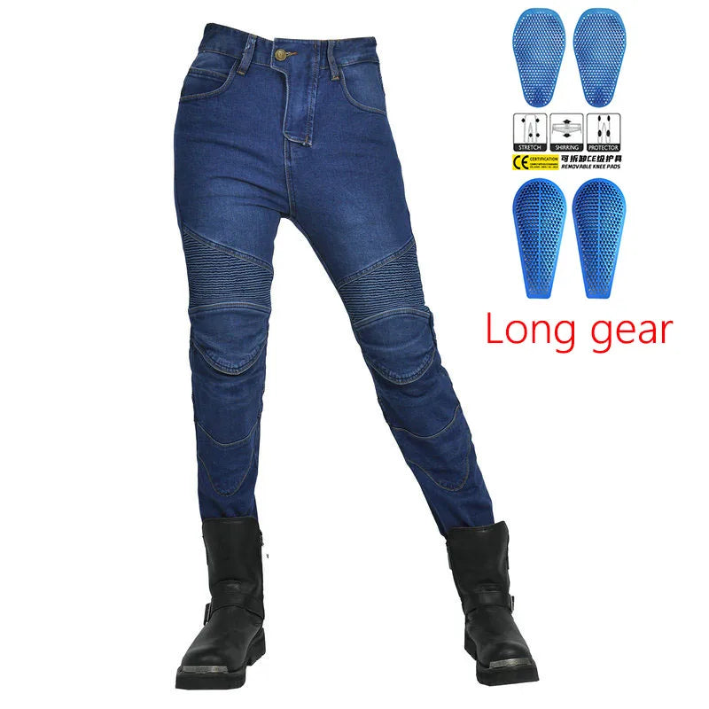 Motorjeans voor dames met protectoren, beschermpads, ribpatroon en slim fit