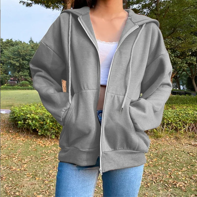 Damen Hoodie Jacke mit Reißverschluss Kapuze und Kängurutaschen, Oversize Schnitt