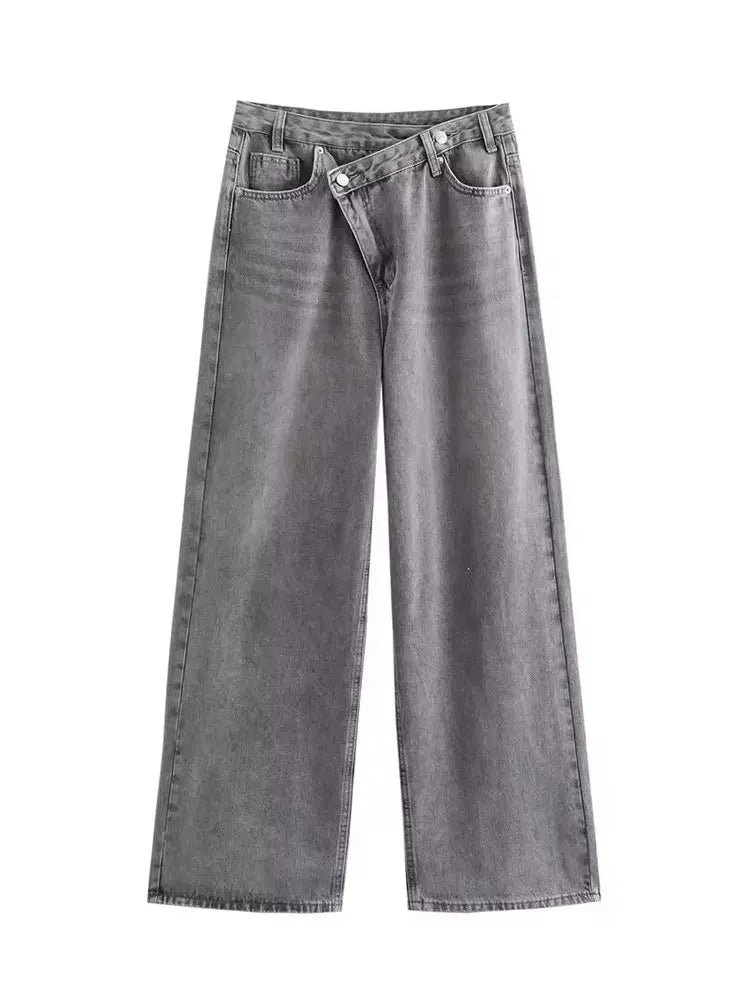 Damen Jeans weites Bein Überlappendes Taillendesign