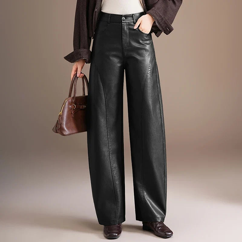 Dameswijde broek met wijde pijpen in lederlook - elegant, hoog getailleerd, bruin of zwart