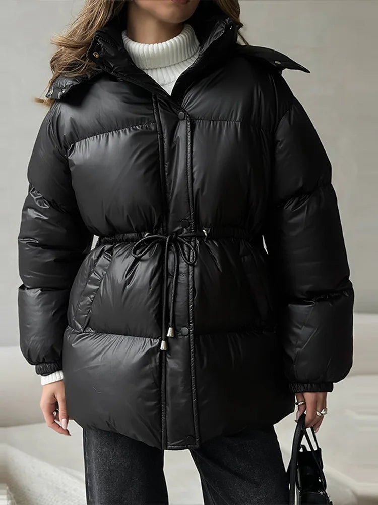 Damen Steppjacke mit Kapuze und Kordelzug, glänzend, warm