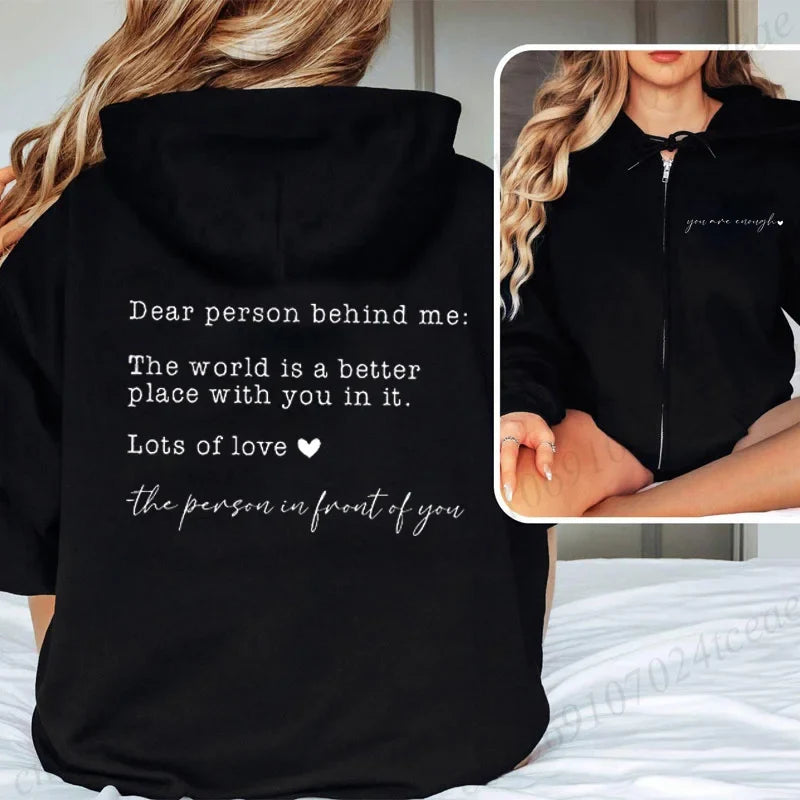 Dames-hoodie met "Dear person behind me"-opdruk, sweatshirt met capuchon