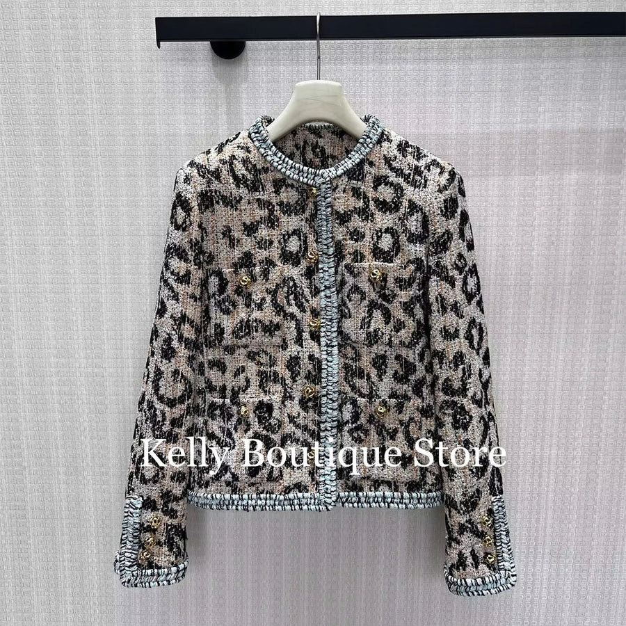 Damen Tweed-Jacke Leopardenmuster Rundhals Kurzjacke
