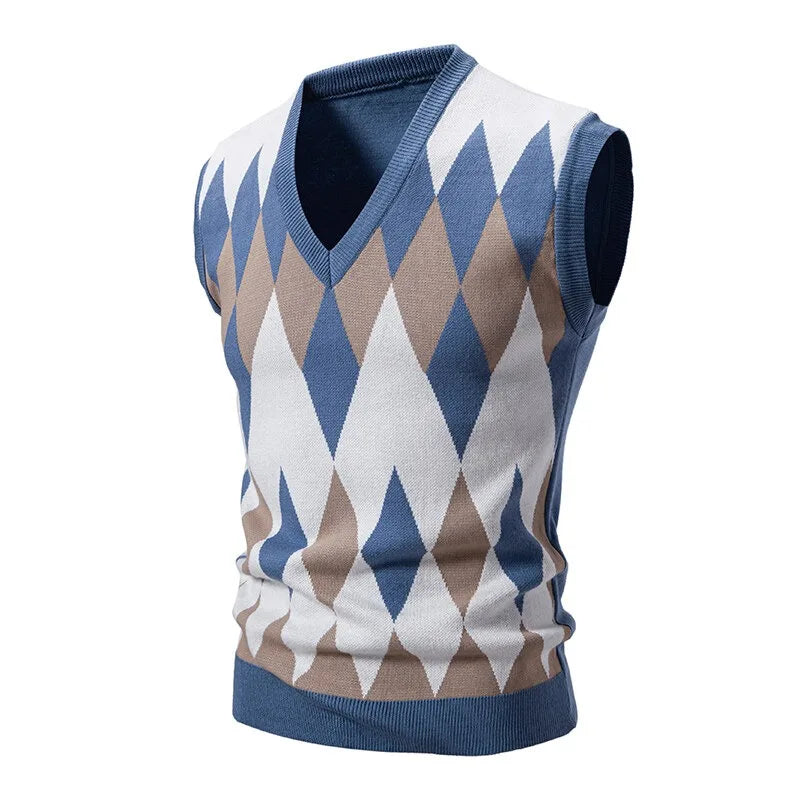 Heren Argyle-tricotvest met V-hals, mouwloze pullover