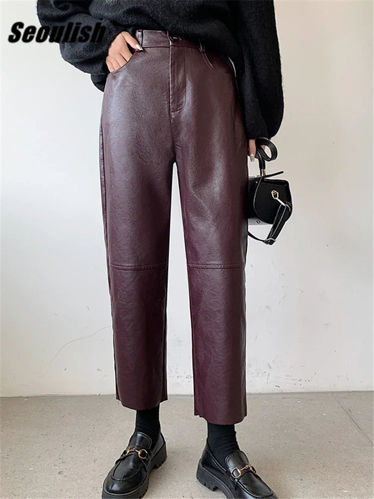 Damen Hose im Leder-Look Weites Bein Schwarz Burgund