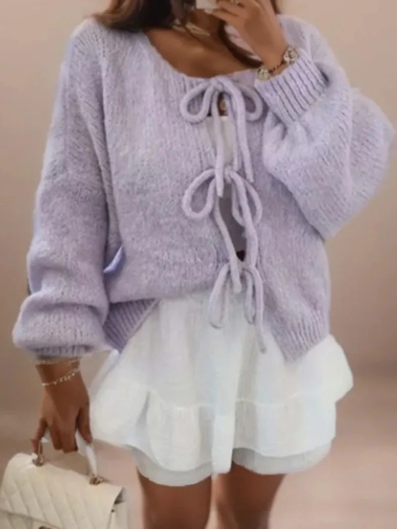 Damen Strickjacke mit Schleifendetails und Puffärmeln