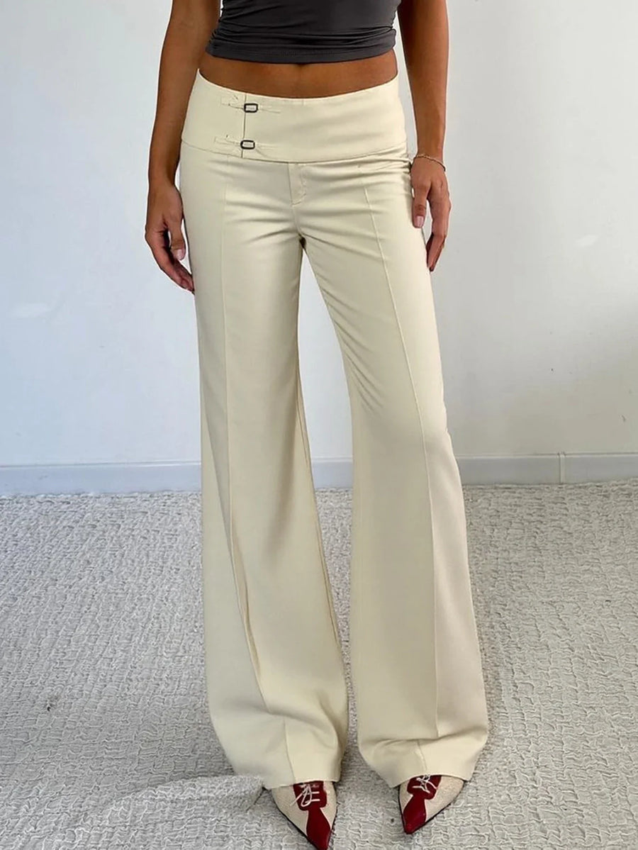 Damen Weiße Weite Marlenehose mit Schnallen-Detail