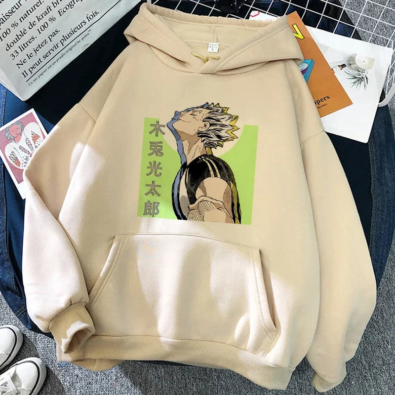 Hoodie met capuchon en anime-motief van de Karasuno Volleyball Club, beige