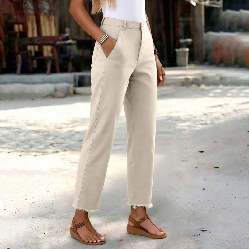 Damen Stoffhose mit geradem Bein, Hoher Bund & Fransen Saum – Beige