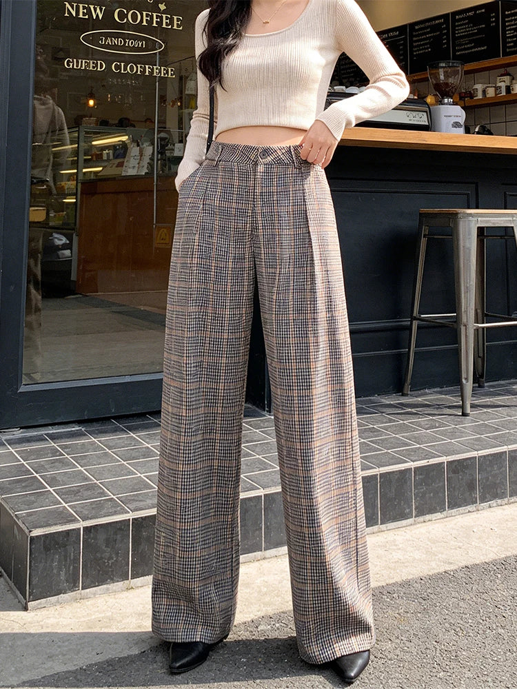 Geruite wide-leg broek voor dames met plooien, beige en bruin