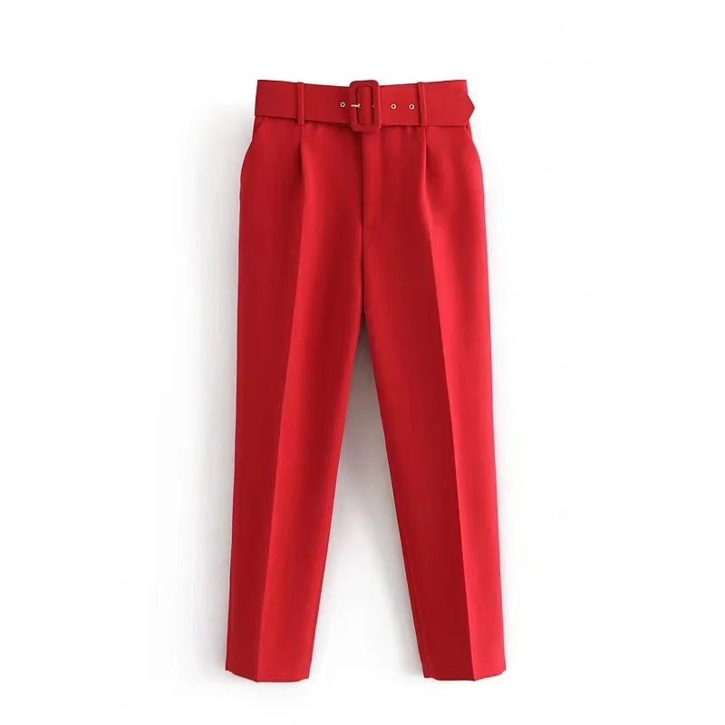 Damen Stoffhose High Waist mit Gürtel Elegante Hose mit geradem Bein