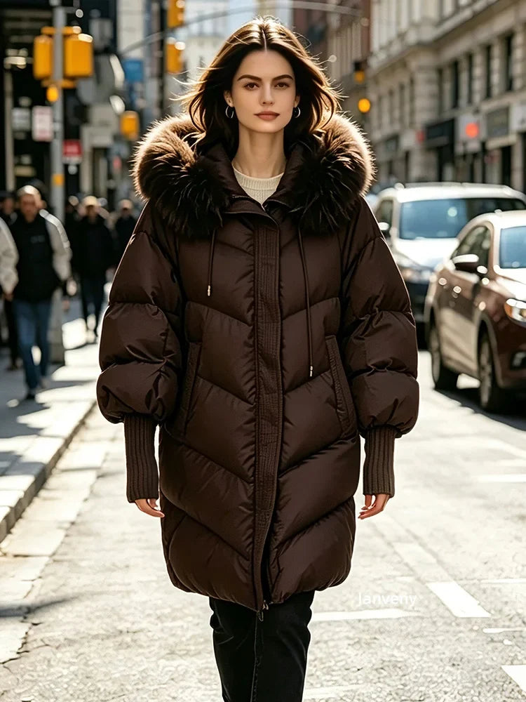 Damen Pufferjacke mit großer Kapuze und Pelzbesatz, Langarm, Khaki