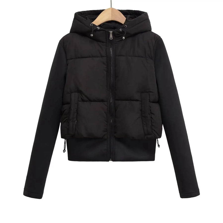 Kurze Damen Pufferjacke mit Kapuze – Gepolstert, Schwarz
