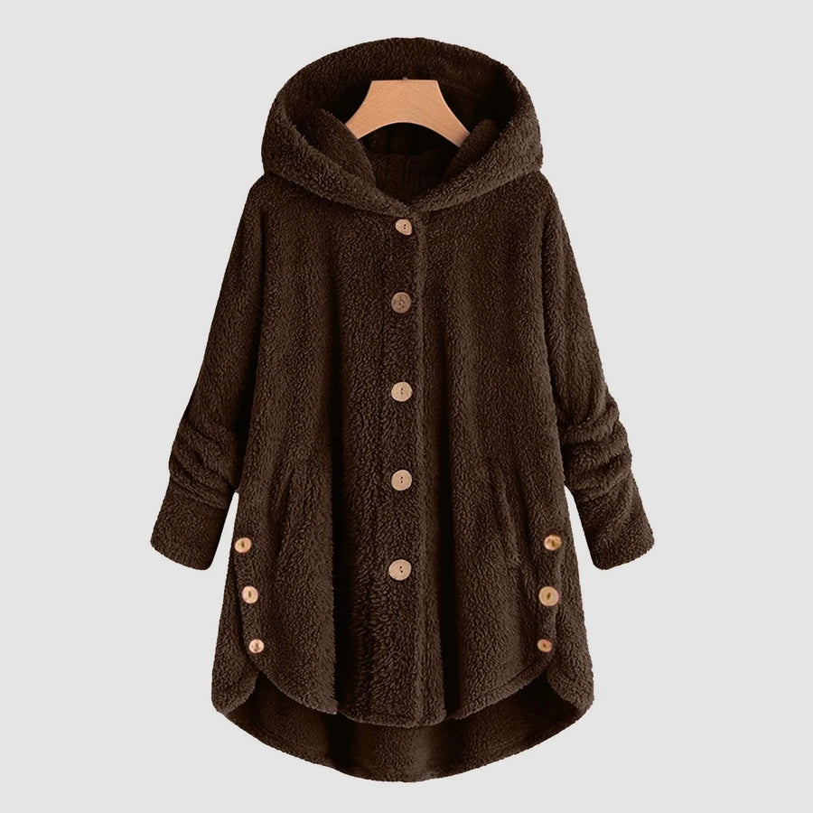 Damen Teddy-Fleece Jacke mit Kapuze und Knöpfen