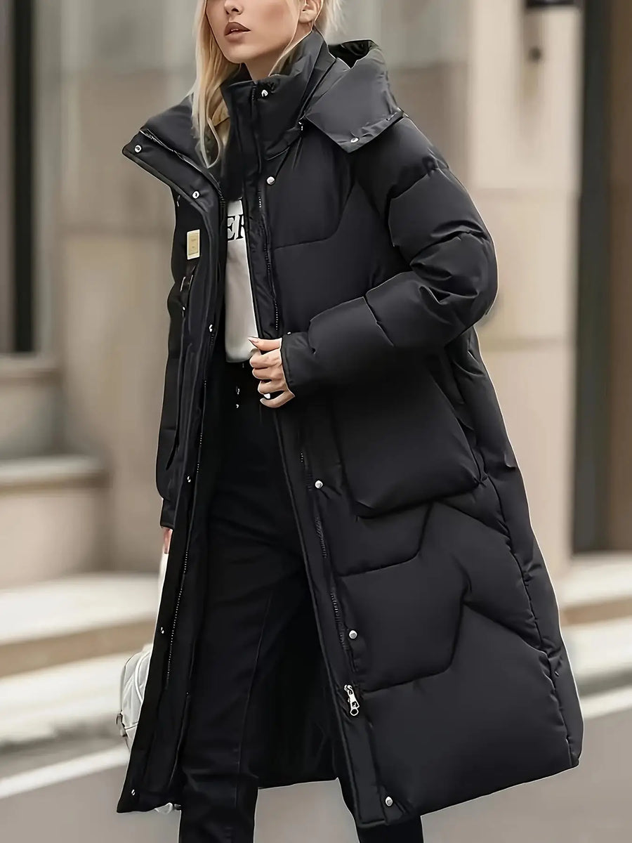Damen Langer Steppmantel mit Kapuze – Warm & Winddicht Schwarz