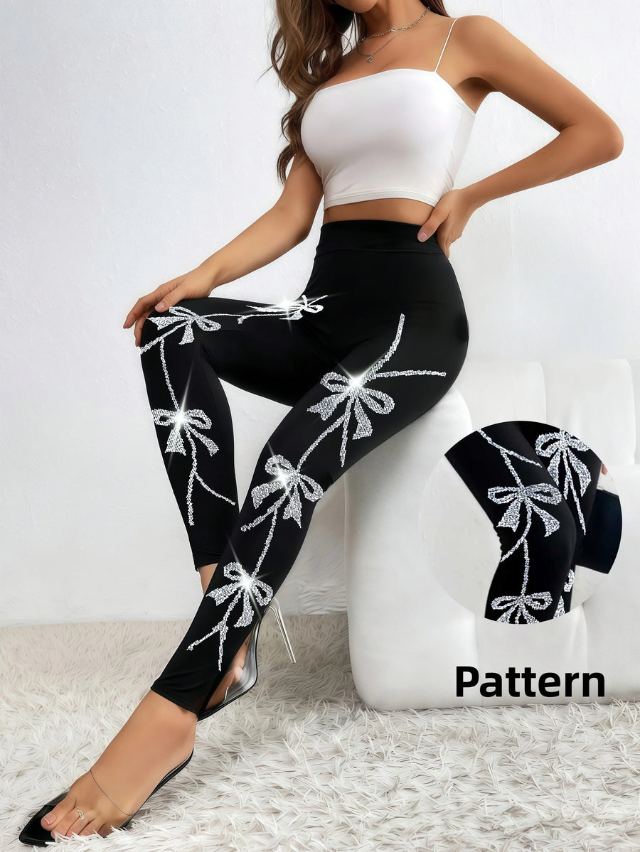 Damen Leggings Schwarz mit Glitzer-Schleifenmuster