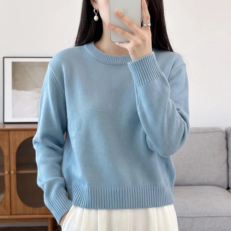 Damen Rundhals Strickpullover Langarm Feinstrick