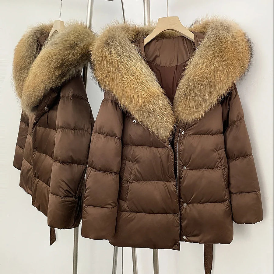 Damen Daunenjacke mit Kunstpelzkragen und Bindegürtel, warme Winterjacke