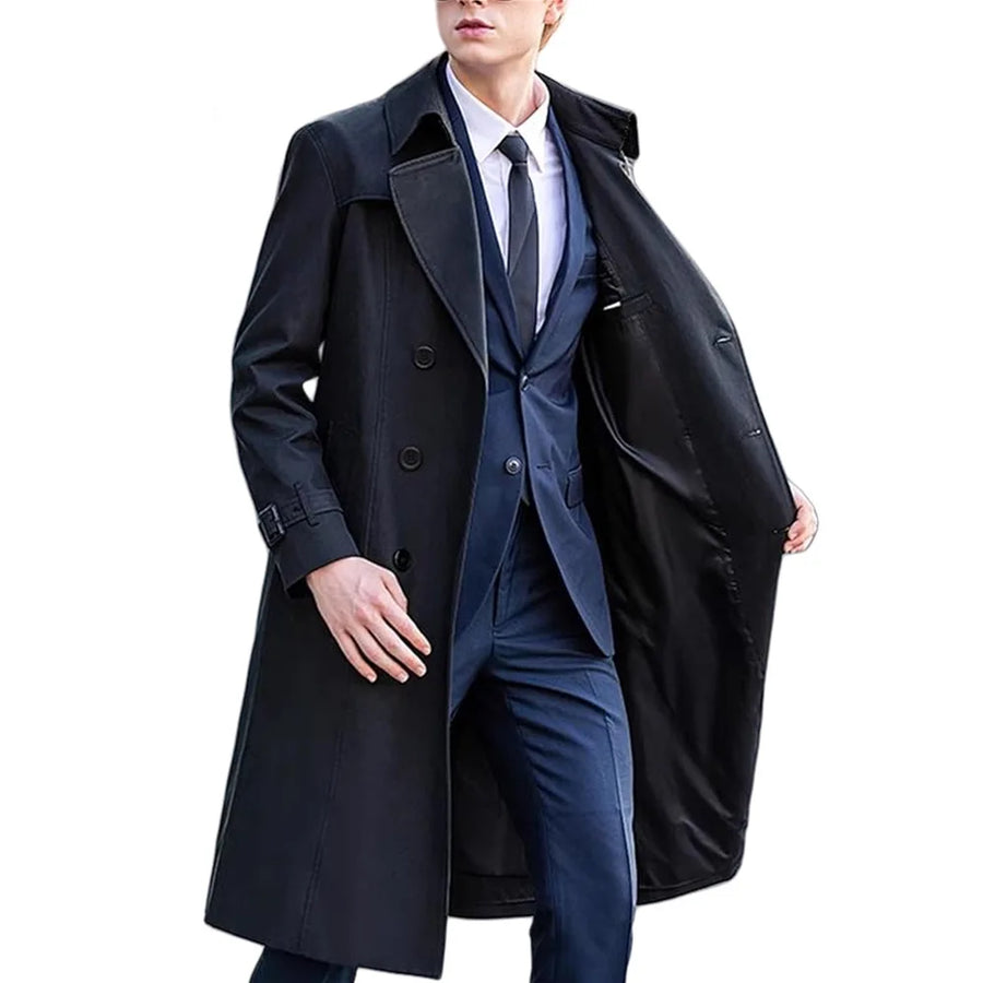 Herren Trenchcoat Zweireiher Langer Mantel mit Reverskragen