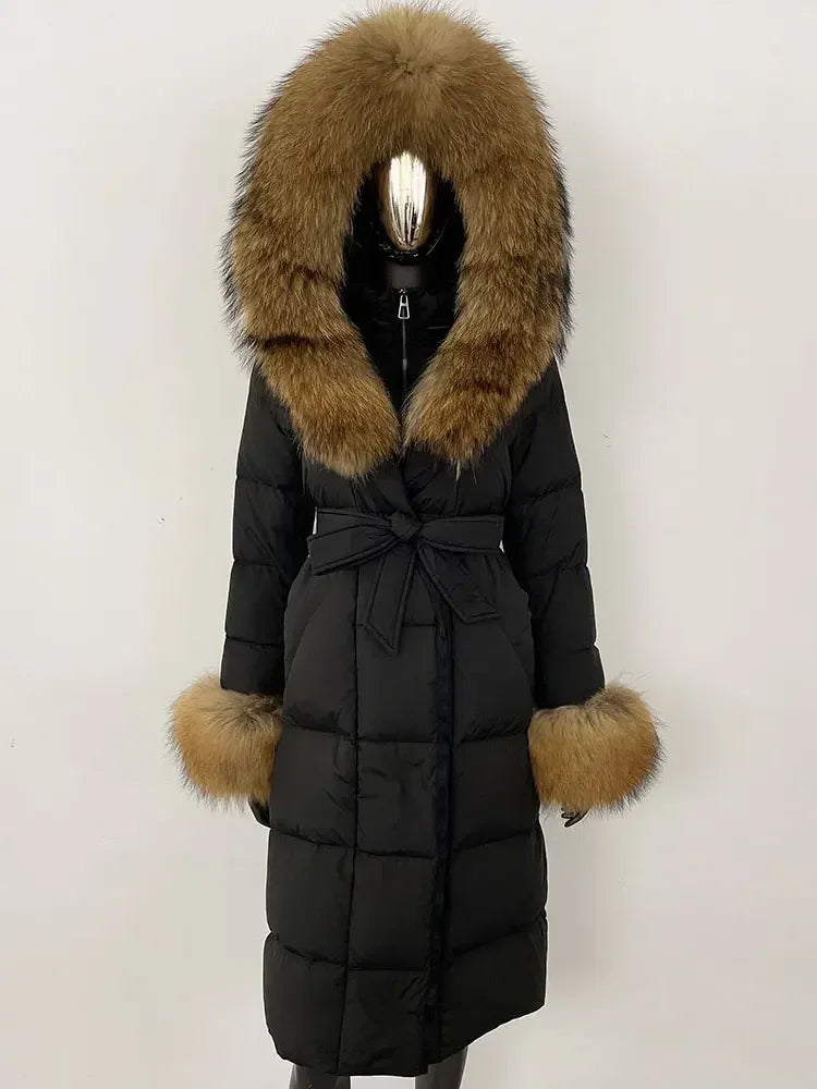 Damen Daunenmantel Lang mit Kapuze und Pelzbesatz Gürtel Steppjacke Warm