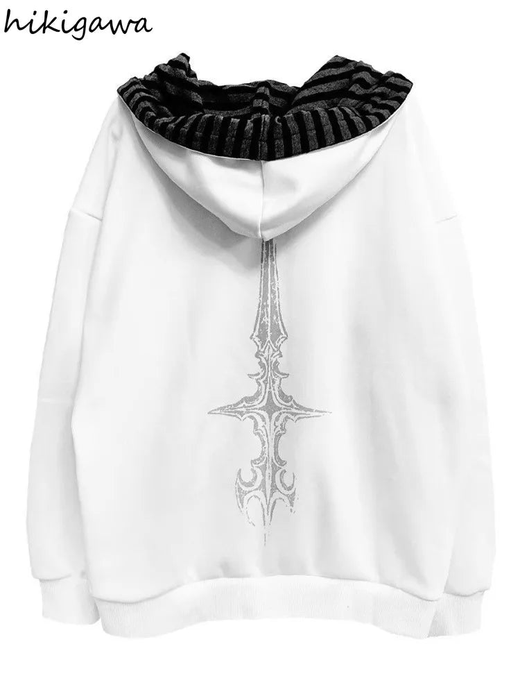Oversized unisexhoodie met rits en capuchon, met gothic-print