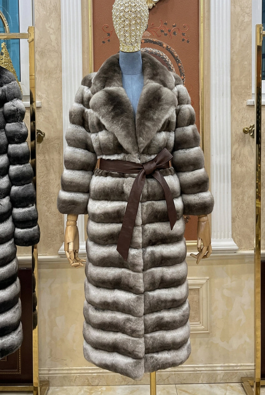 Luxe damesmantel met lange mouwen van imitatiebont, zachte kraag, beige-grijs gestreept