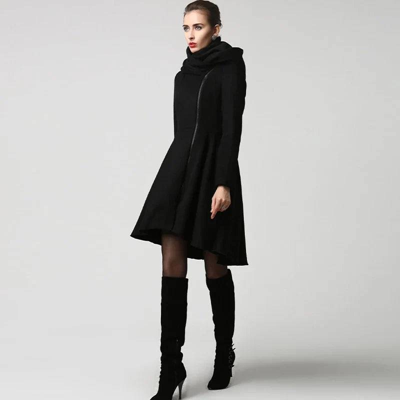 Damen Mantel Schwarz Glockenärmel Saum Asymmetrisch Stehkragen