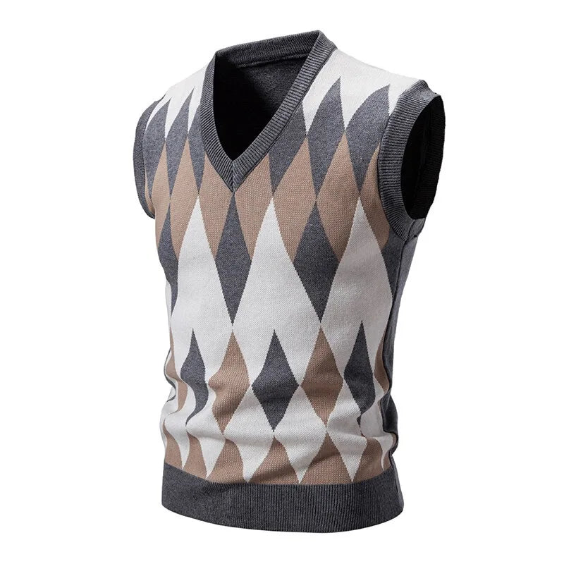 Heren Argyle-tricotvest met V-hals, mouwloze pullover