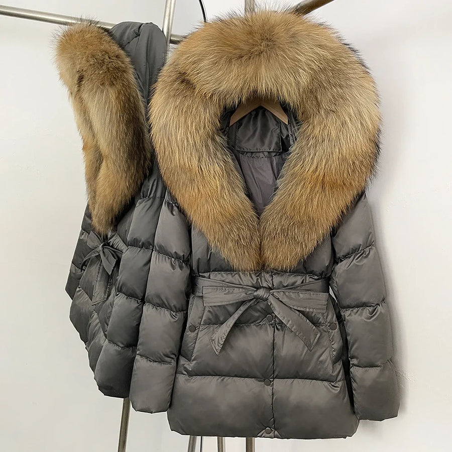 Damen Daunenjacke mit Kunstpelzkragen und Bindegürtel, warme Winterjacke
