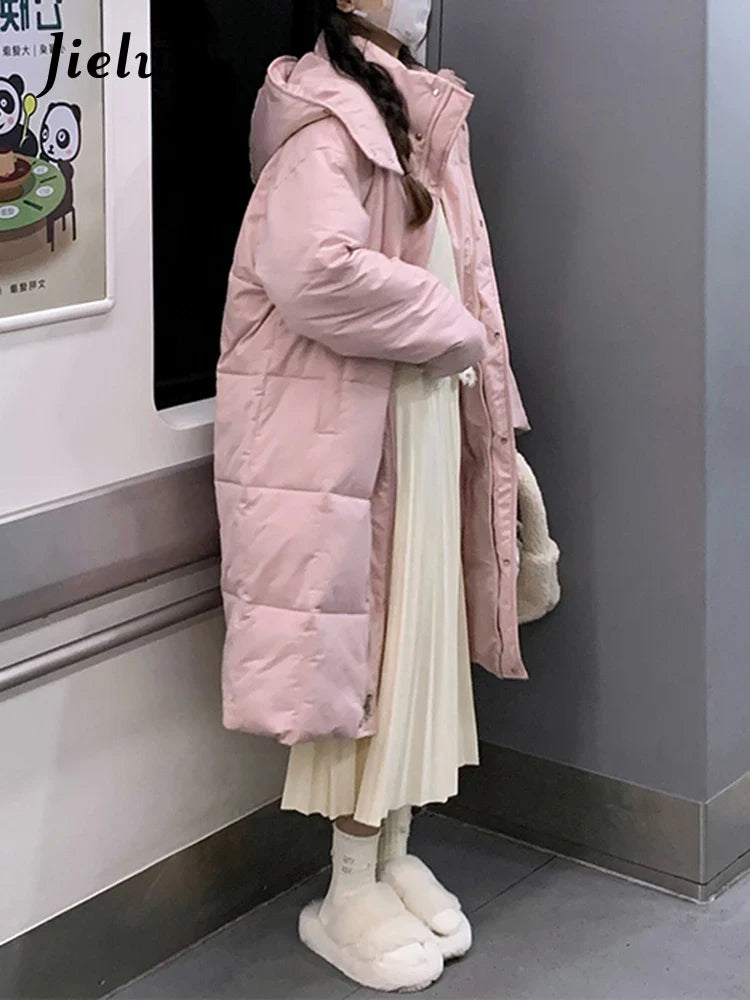Damen Langer Steppmantel mit Kapuze Winterjacke