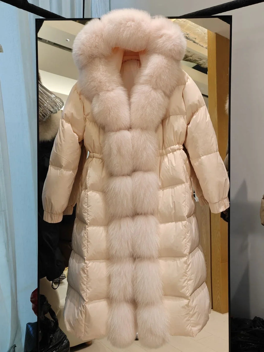 Damen Steppmantel Lang mit Kapuze und Pelzbesatz Winterjacke